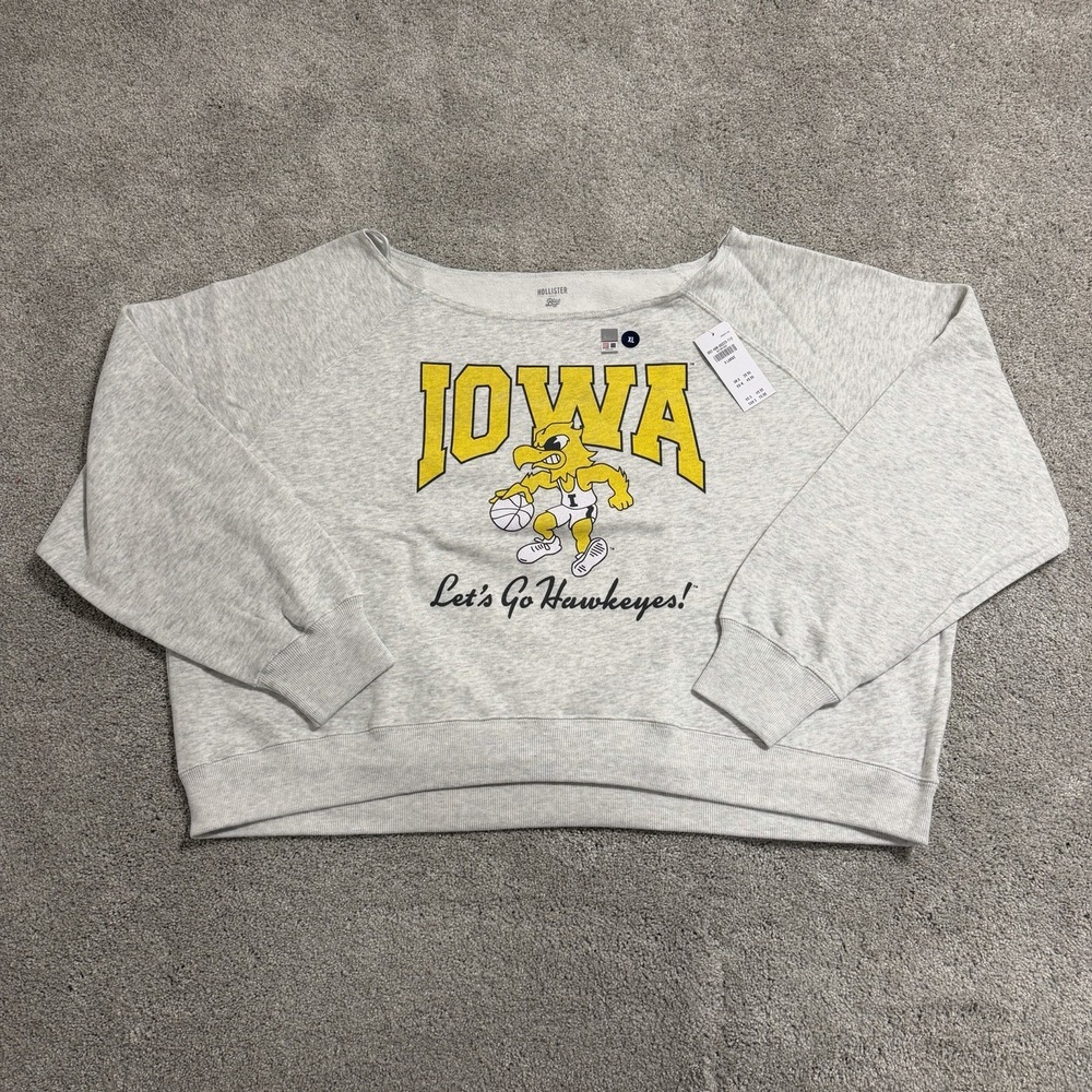 Hollister‎ Iowa Hawkeyes Sweatshirt Womens Sz XL Grey Cropped Off Shoulder NWT